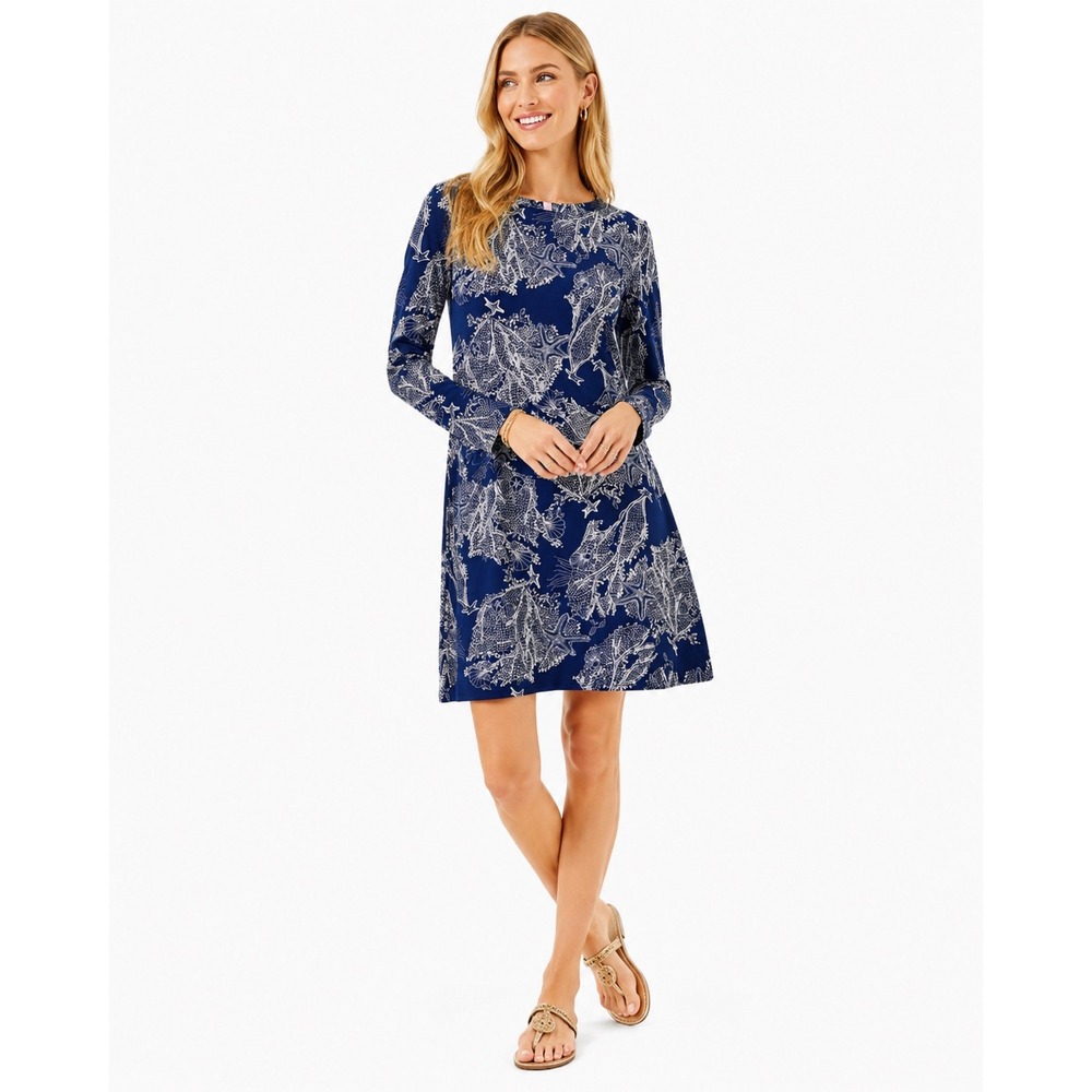 Lilly Pulitzer Navy White Coral Starfish Print‎ Silk Cotton Shift Dress Size M